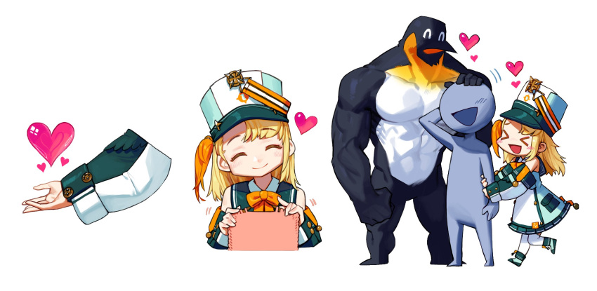 >_<, 1girl, :d, band_uniform, bird, broguin, closed_eyes, detached_sleeves, dress, emperor_penguin, hat, heart, height_difference, highres, holding, holding_needle, knitting, knitting_needle, multiple_views, muscular, needle, official_art, pengin_pina, penguin, prism_project, rinotuna, sailor_dress, scarf, shako_cap, smile, thigh-highs, virtual_youtuber, xd, yarn