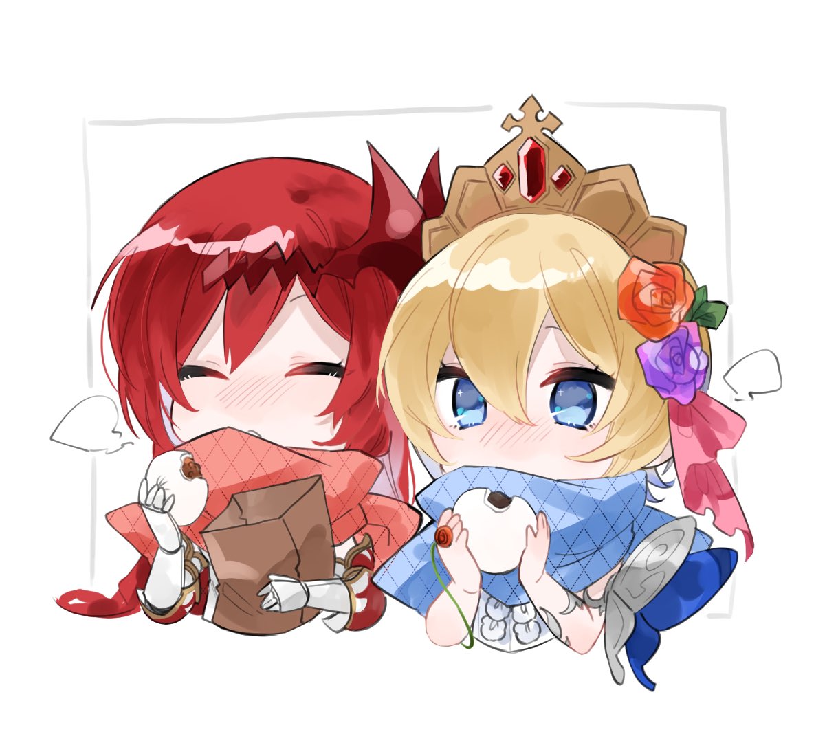 2girls, :<, bag, bangs, baozi, blonde_hair, blue_eyes, blush