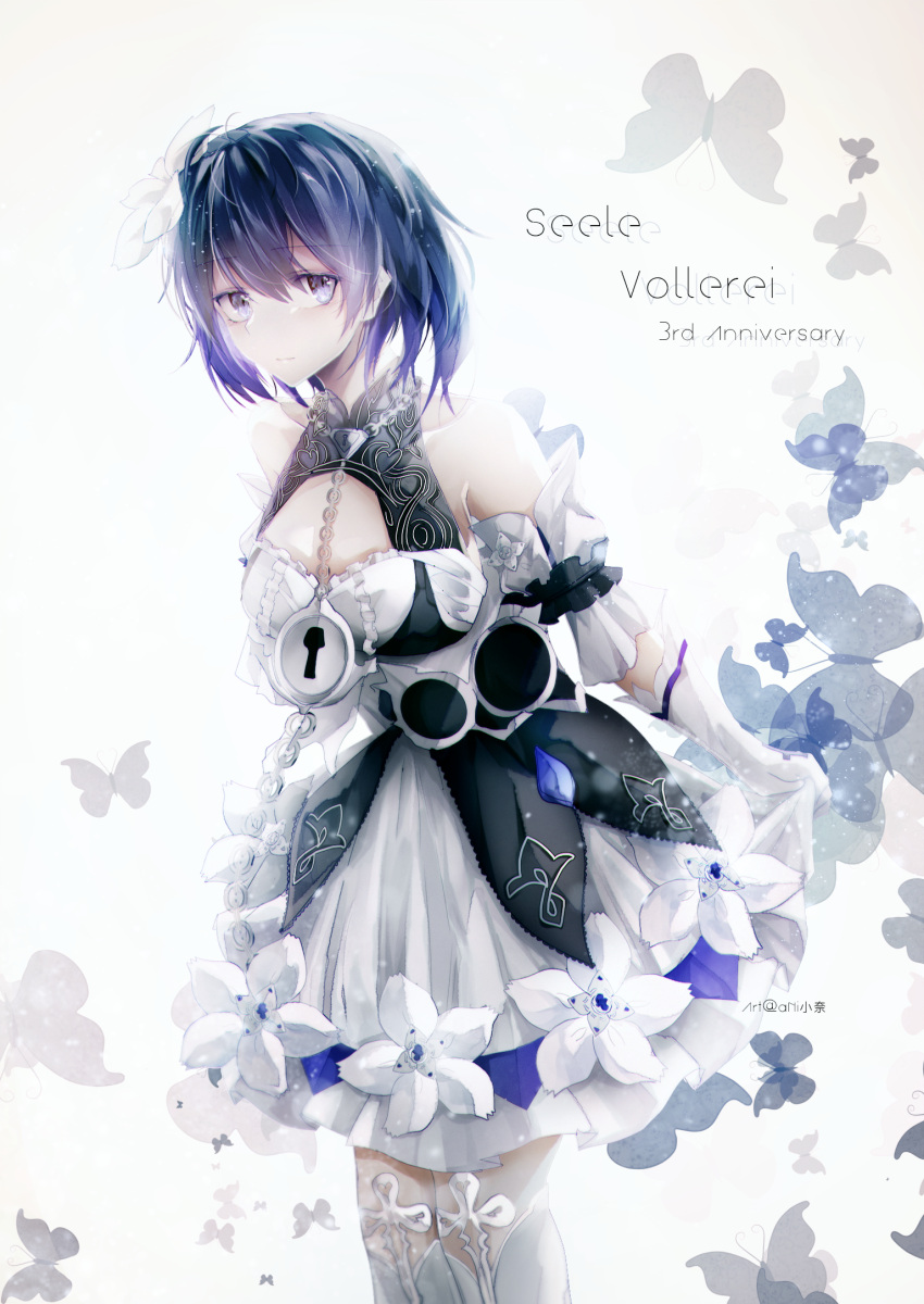 1girl, bangs, bare_shoulders, blue_eyes, blue_hair, bug, butterfly, chain, character_name, closed_mouth, dress, flower, gloves, hair_flower, hair_ornament, highres, honkai_(series), honkai_impact_3rd, looking_at_viewer, seele_vollerei, seele_vollerei_(stygian_nymph), shirt, short_hair, shouda_kaichou, simple_background, sleeveless, sleeveless_shirt, solo, white_background, white_dress, white_flower, white_gloves