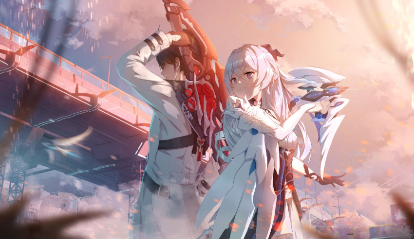1boy, 1girl, back-to-back, bangs, black_gloves, bronya_zaychik, brown_coat, brown_hair