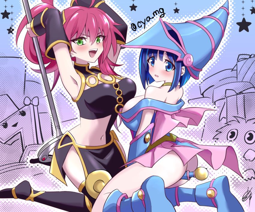 2girls, ahoge, armpits, arms_up, bare_shoulders, blue_eyes, blue_footwear, blue_hair