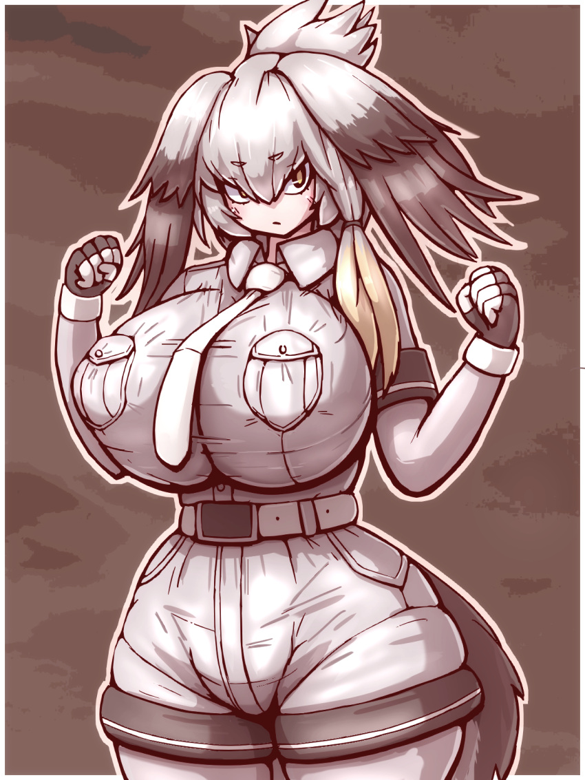 1girl, 57mm, alternate_breast_size, bangs, belt, bird_tail, black_eyes, black_gloves