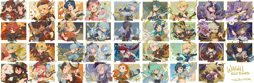 6+boys, 6+girls, aether_(genshin_impact), aloy_(horizon), amber_(genshin_impact), animal_ears, arm_tattoo, bangs