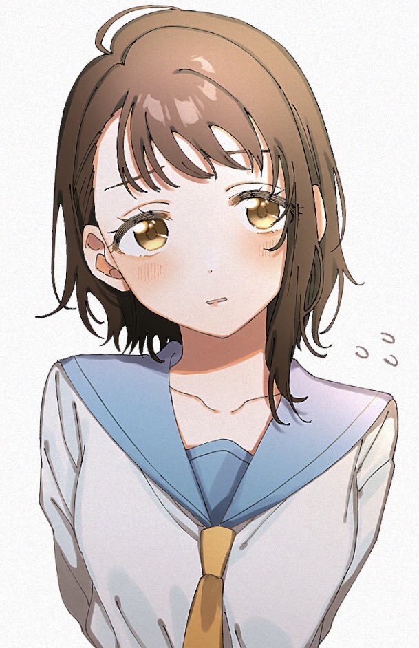 1girl, blue_sailor_collar, bonyari_high_school_uniform, brown_eyes, brown_hair, flying_sweatdrops, iwawa, neckerchief
