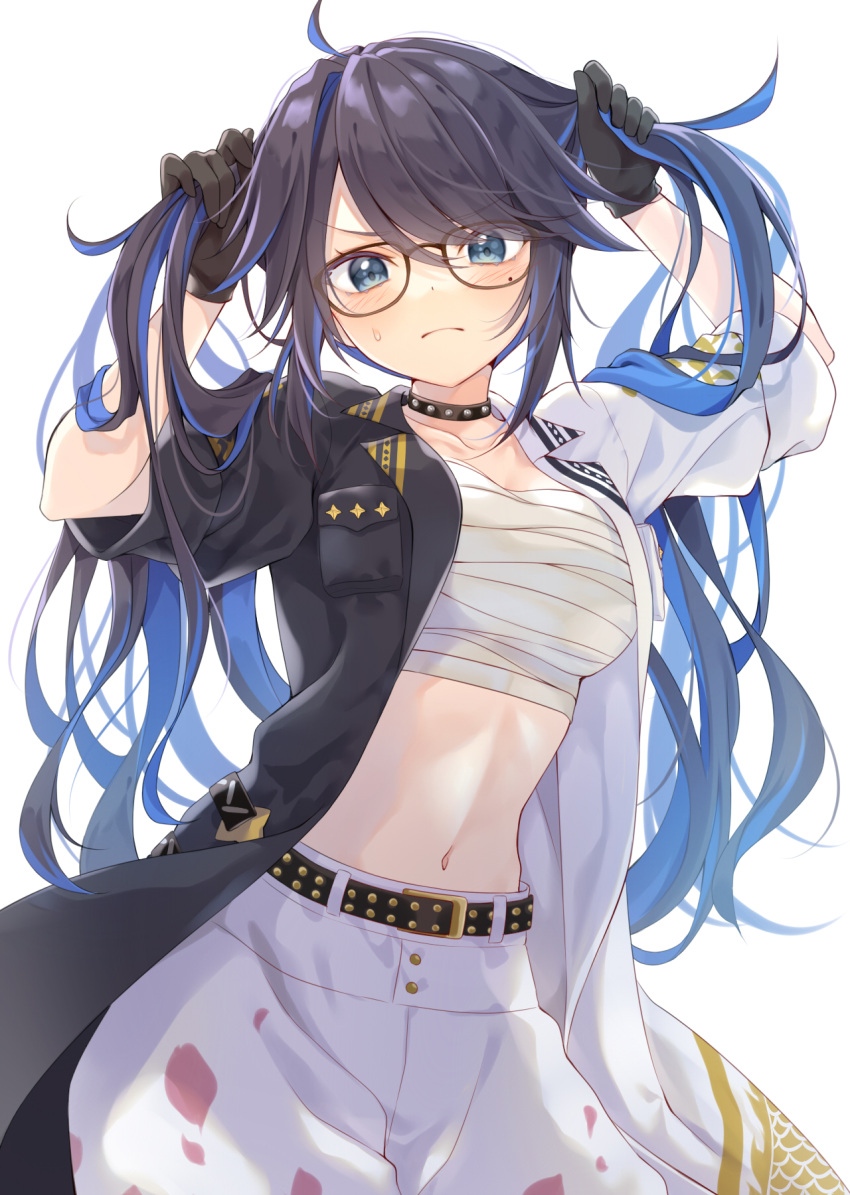 1girl, ahoge, belt, black_gloves, black_hair, blue_eyes, blue_hair, chest_sarashi