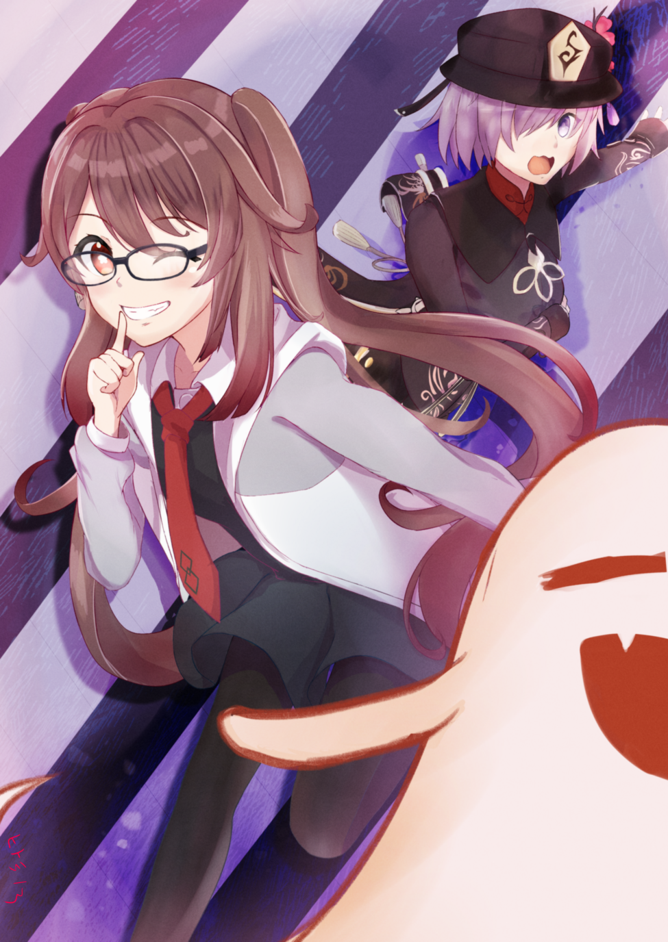 2girls, alternate_costume, bangs, black-framed_eyewear, black_coat, black_dress, black_headwear, black_legwear, brown_eyes, brown_hair, chinese_clothes, coat, collared_dress, commentary_request, cosplay, costume_switch, dress, eyebrows_visible_through_hair, fate/grand_order, fate_(series), finger_to_mouth, flower, flower-shaped_pupils, genshin_impact, ghost, glasses, grey_jacket, hair_between_eyes, hair_over_one_eye, hand_on_own_chest, hat, hat_flower, highres, hitomi13, hood, hood_down, hooded_jacket, hu_tao_(genshin_impact), hu_tao_(genshin_impact)_(cosplay), index_finger_raised, jacket, light_purple_hair, long_hair, long_sleeves, looking_at_viewer, mash_kyrielight, mash_kyrielight_(cosplay), multiple_girls, necktie, one_eye_closed, one_eye_covered, open_clothes, open_jacket, open_mouth, pantyhose, plum_blossoms, porkpie_hat, red_flower, red_necktie, short_hair, shushing, sidelocks, sleeves_past_wrists, smile, symbol-shaped_pupils, takahashi_rie, tassel, teeth, tongue, twintails, very_long_hair, violet_eyes, voice_actor_connection