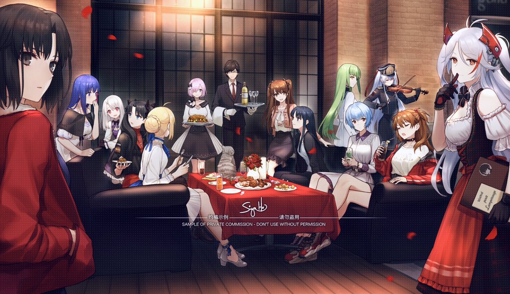 1boy, 6+girls, ahoge, altair_(re:creators), artoria_pendragon_(fate), ayanami_rei, azur_lane, back