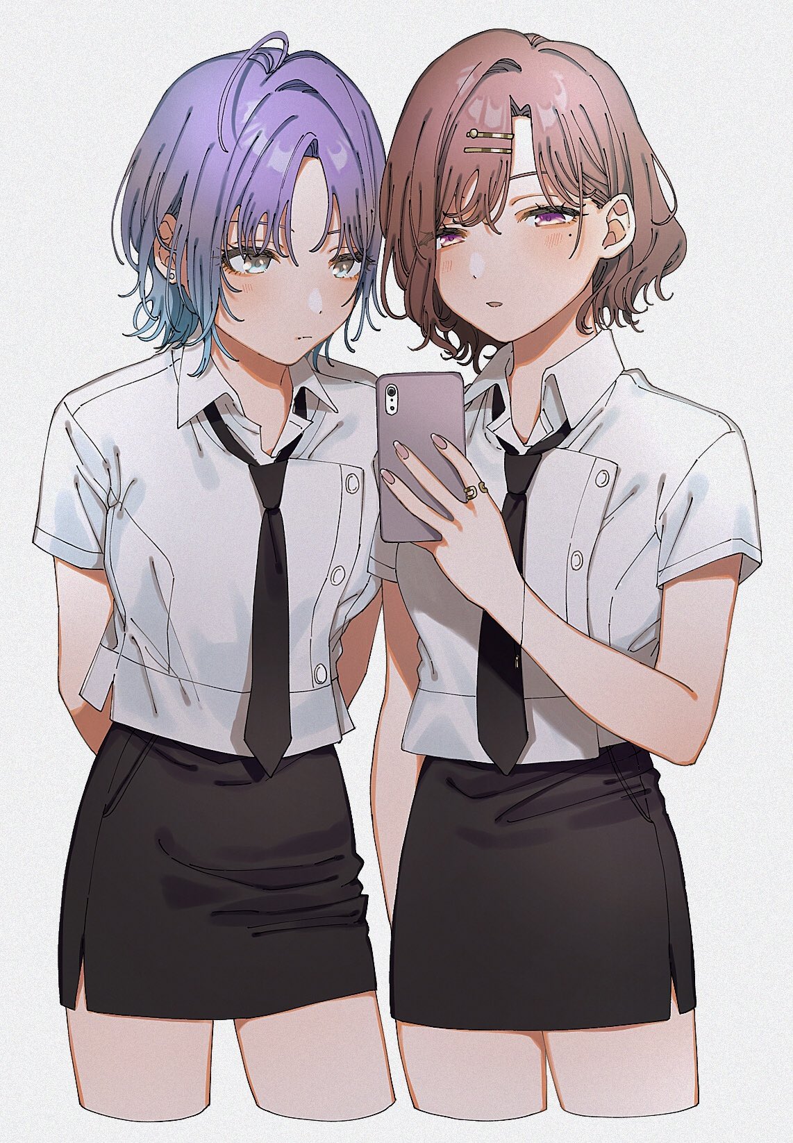 2girls, ahoge, arm_at_side, arms_behind_back, asakura_tooru, bangs, black_necktie, black_skirt