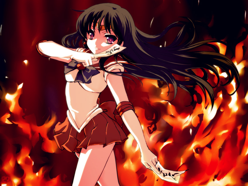 aill, bishoujo_senshi_sailor_moon, black_hair, bow, circlet, earrings, elbow_gloves, fiery_background