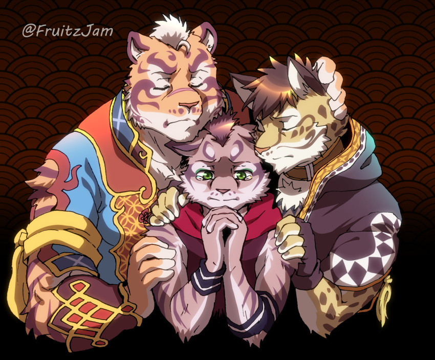 3boys, animal_ears, animal_print, brown_hair, cat_nose, chest_tuft, closed_eyes, crying, english_commentary, fingerless_gloves, fluffy, fruitz_(fruitzjam), furry, gloves, green_eyes, hand_on_another's_head, hand_on_another's_shoulder, highres, leopard_boy, leopard_ears, leopard_print, lin_hu_(nekojishi), multiple_boys, nekojishi, own_hands_clasped, own_hands_together, tassel, tears, tiger_boy, tiger_ears, white_hair, wristband