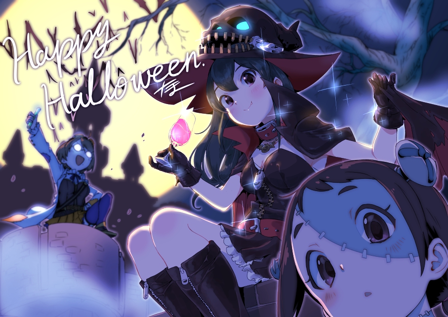 ahoge, blue_hair, brown_hair, cup, drinking_glass, glasses, halloween_costume, hat, idolmaster, idolmaster_cinderella_girls, moon, multiple_girls, muramatsu_sakura, new_wave_(idolmaster), ooishi_izumi, screw_in_head, stitched_face, tamachan_(gam_baru_ger), tsuchiya_ako, wine_glass, witch, witch_hat
