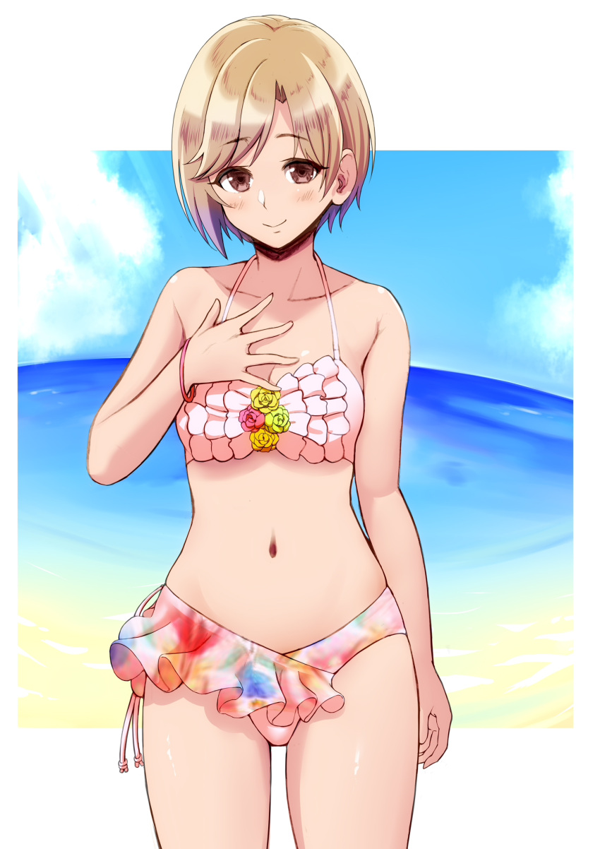 1girl, aiba_yumi, arm_at_side, beach, bikini, blonde_hair, blue_sky, blush