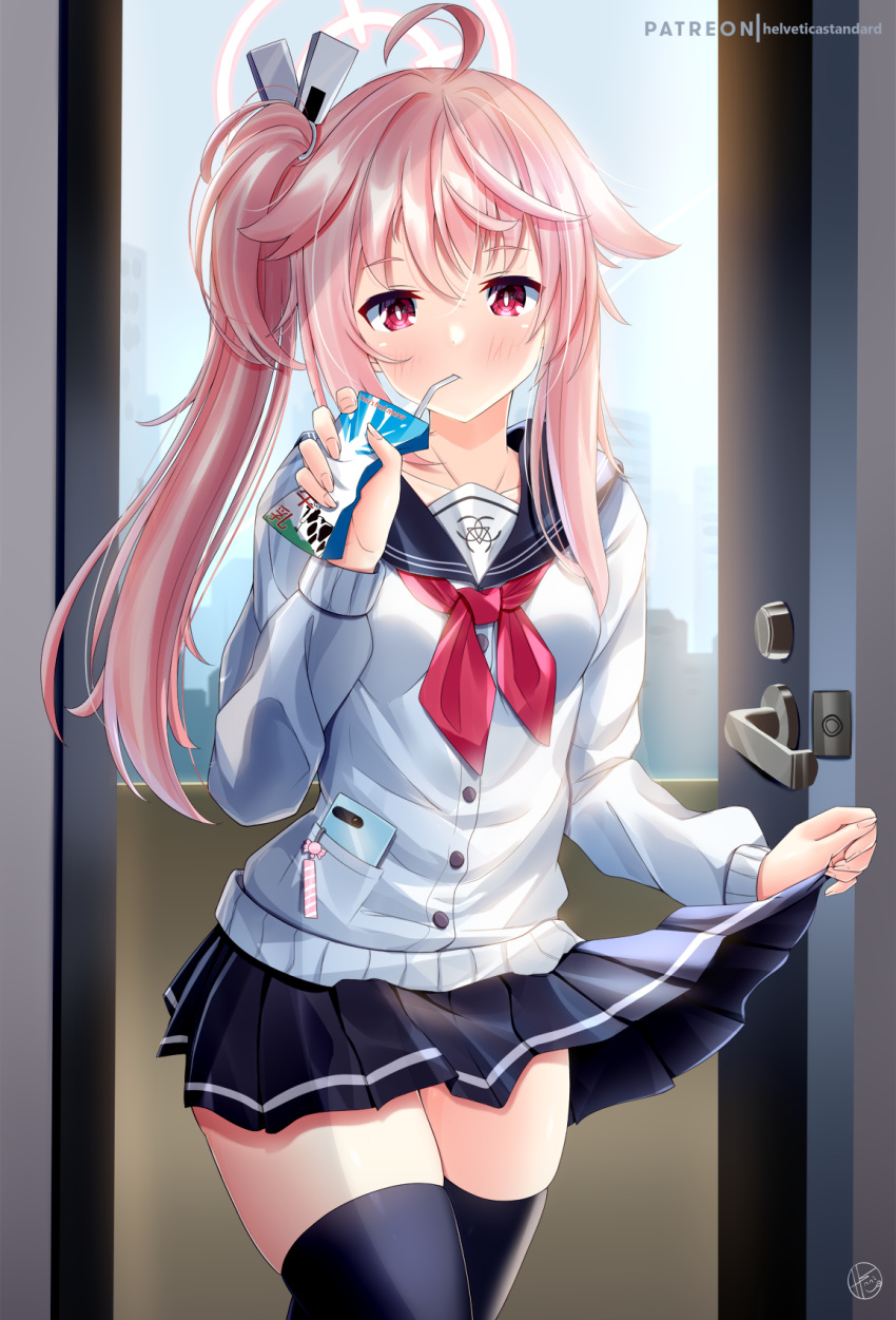 1girl, ahoge, black_legwear, blue_archive, breasts, clothes_lift, collarbone, commentary_request