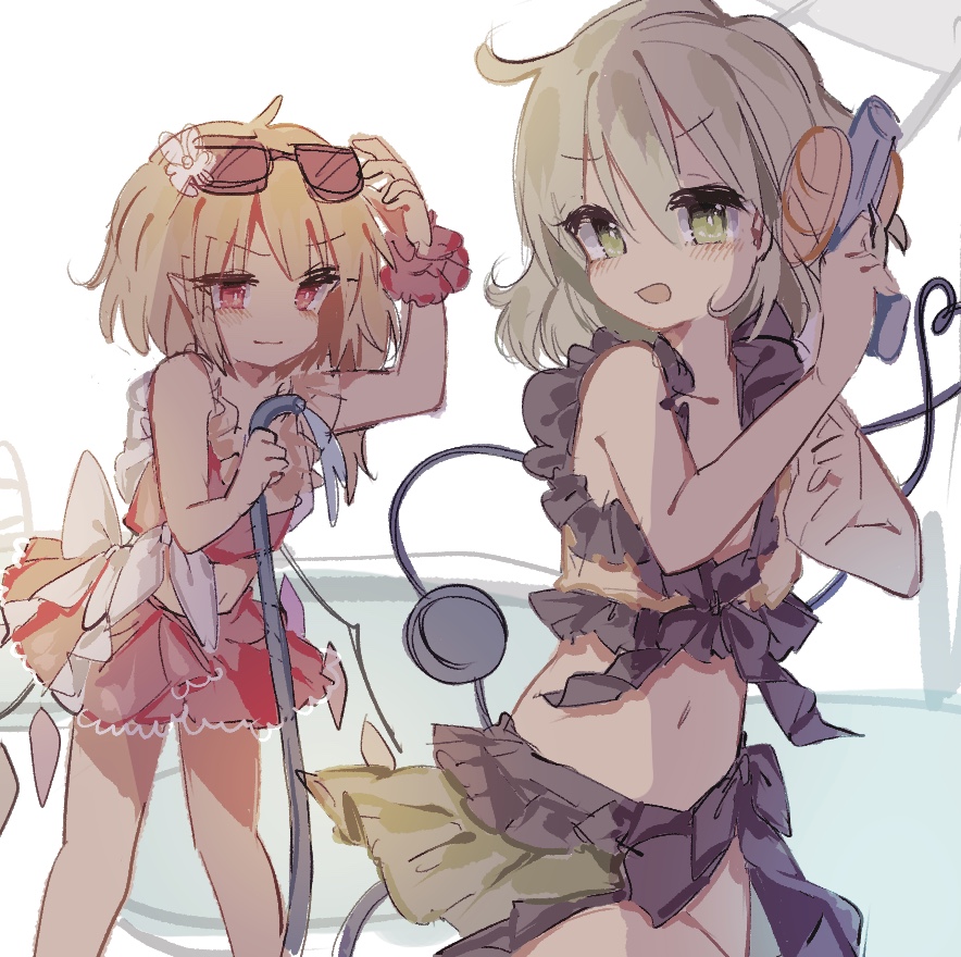 alternate_costume, bangs, bikini, blonde_hair, blush, bow, closed_mouth, crystal