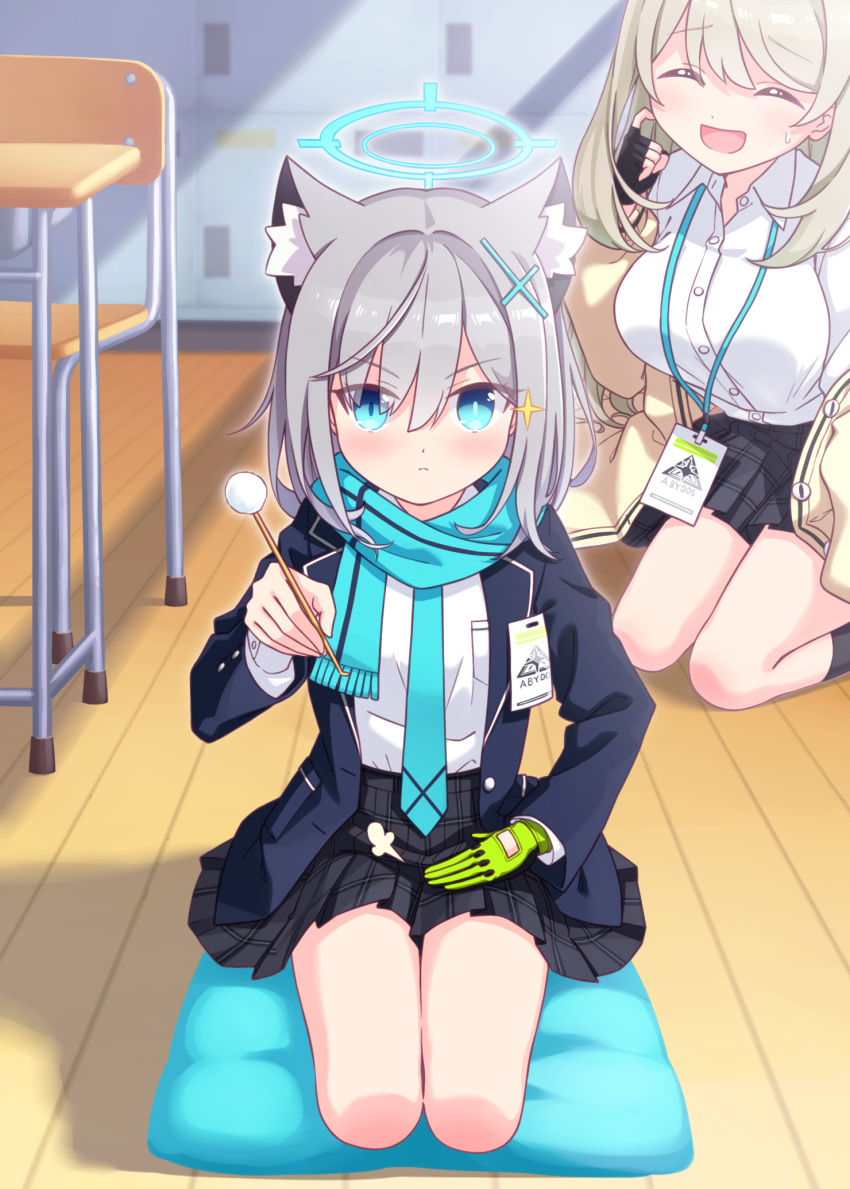 2girls, :d, ^_^, animal_ear_fluff, animal_ears, bangs, black_gloves, black_jacket