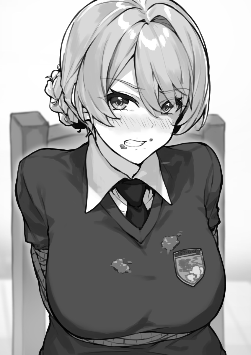 absurdres, angry, bangs, blush, bound, breasts, chair, clenched_teeth