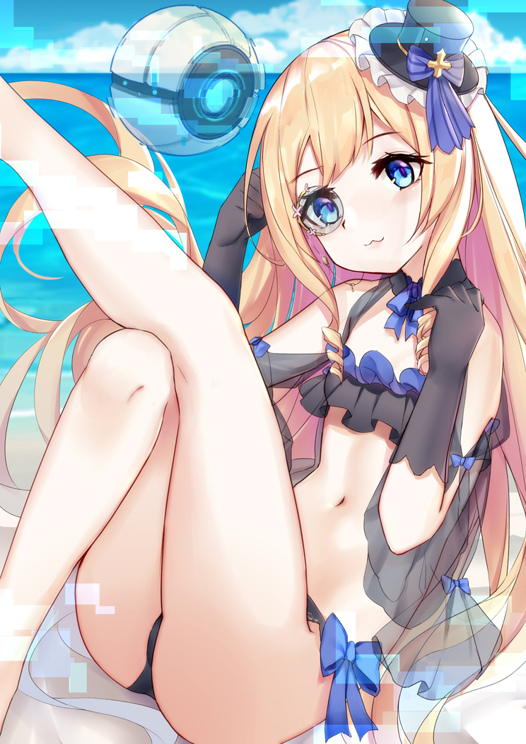 1girl, :3, bangs, bare_shoulders, bikini, black_bikini, black_gloves, black_headwear