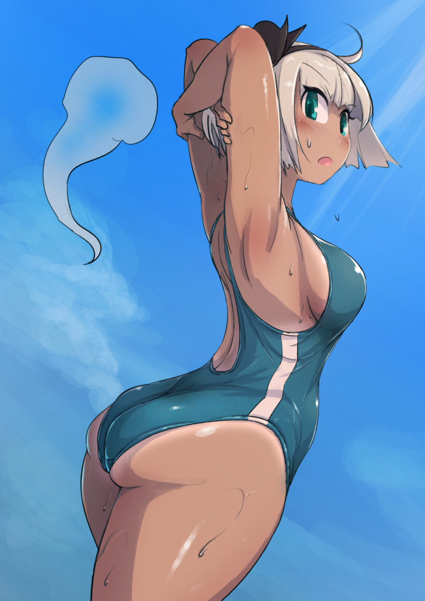 1girl, ahoge, alternate_costume, armpits, arms_behind_head, ass, back, back_cutout, bangs, bare_shoulders, black_bow, black_hairband, blush, bob_cut, bow, breasts, clothing_cutout, commentary_request, enajii, ghost, green_swimsuit, hair_bow, hairband, highres, hitodama, konpaku_youmu, konpaku_youmu_(ghost), looking_at_viewer, medium_breasts, open_mouth, short_hair, shoulder_blades, sideboob, silver_hair, simple_background, solo, standing, sweatdrop, swimsuit, tan, thighs, touhou, white_background