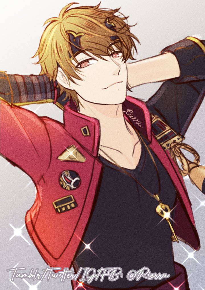 1boy, arms_behind_head, bangs, black_gloves, black_shirt, closed_mouth, company_connection, cosplay