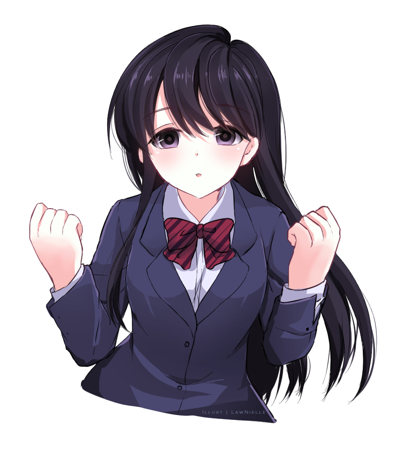 1girl, bangs, black_hair, blazer, blue_jacket, bow, breasts, collared_shirt