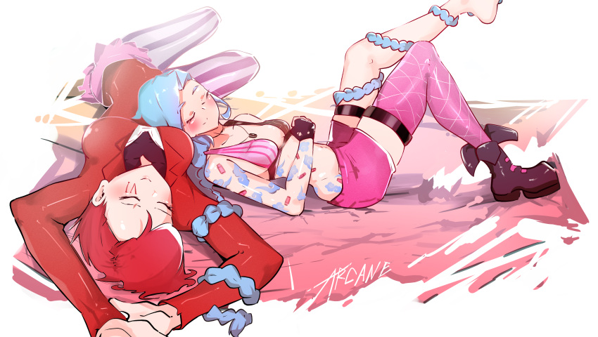 2girls, absurdres, amano_shizuku, arcane:_league_of_legends, arm_tattoo, bangs, bare_shoulders, black_footwear, breasts, character_name, cloud_tattoo, copyright_name, highres, jinx_(league_of_legends), knee_up, large_breasts, league_of_legends, leg_up, long_hair, long_sleeves, lying, medium_breasts, multiple_girls, on_back, on_person, pants, pink_legwear, pink_shorts, redhead, shiny, shiny_clothes, shoes, short_shorts, shorts, shoulder_tattoo, single_thighhigh, smile, striped, striped_pants, tattoo, thigh-highs, vi_(league_of_legends)