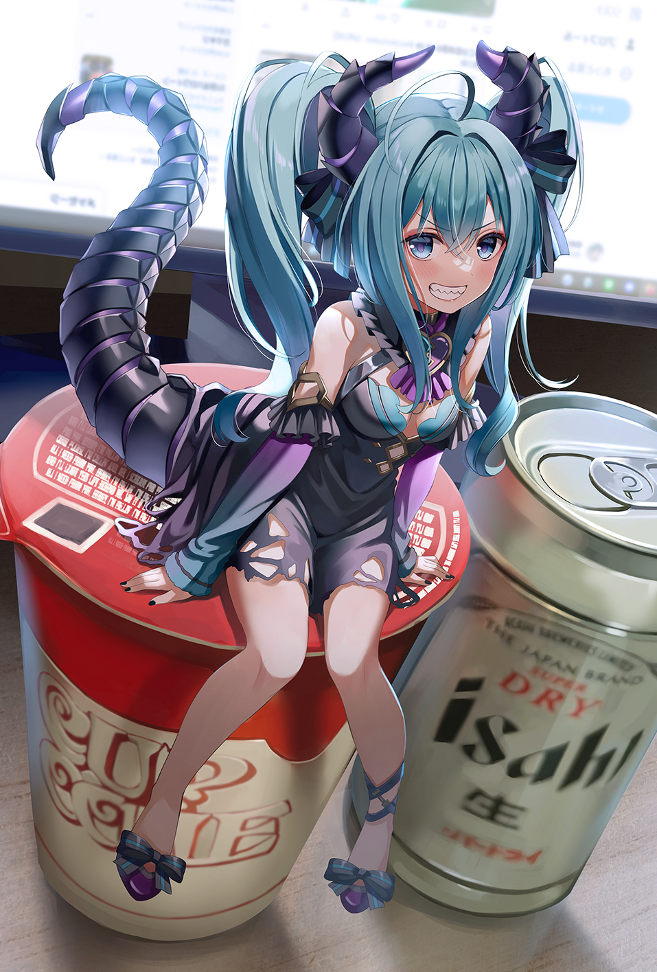 1girl, ahoge, bangs, banned_artist, bare_shoulders, beer_can, black_bow, black_dress