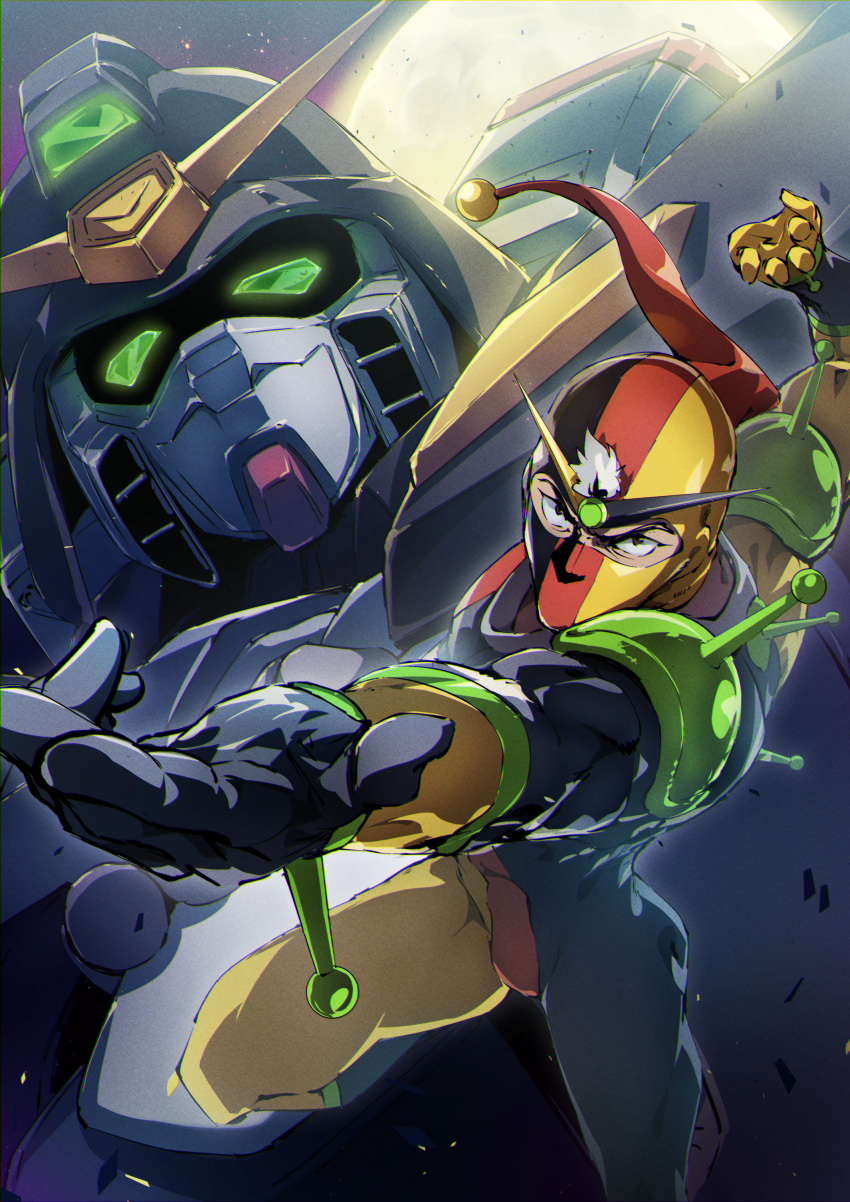1boy, absurdres, arm_up, brown_eyes, commentary_request, eva_mashiro, fighting_stance, full_moon