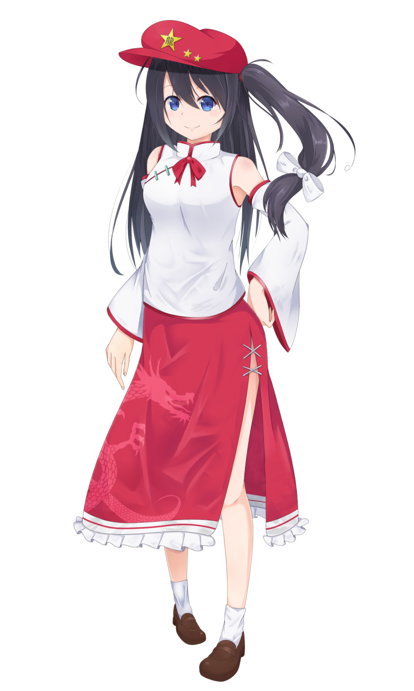 1girl, bare_shoulders, black_hair, blue_eyes, bow, brown_footwear, cabbie_hat, chinese_clothes, detached_sleeves, dragon_print, extra, flat_cap, frilled_skirt, frills, full_body, hair_bow, hand_on_hip, hat, hat_ornament, highres, label_girl_(dipp), long_hair, looking_at_viewer, mandarin_collar, red_bow, red_headwear, red_neckwear, red_skirt, side_ponytail, skirt, smile, socks, standing, star_(symbol), star_hat_ornament, tachi-e, touhou, user_zcpj3422, very_long_hair, vest, white_legwear, white_sleeves, white_vest, wide_sleeves