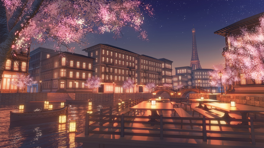 bench, boat, building, canal, cherry_blossoms, eiffel_tower, hachio81, highres