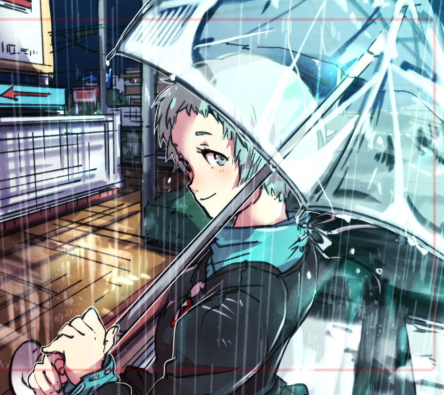1girl, aqua_eyes, aqua_hair, blush, closed_mouth, commentary_request, gekkoukan_high_school_uniform, green_sweater