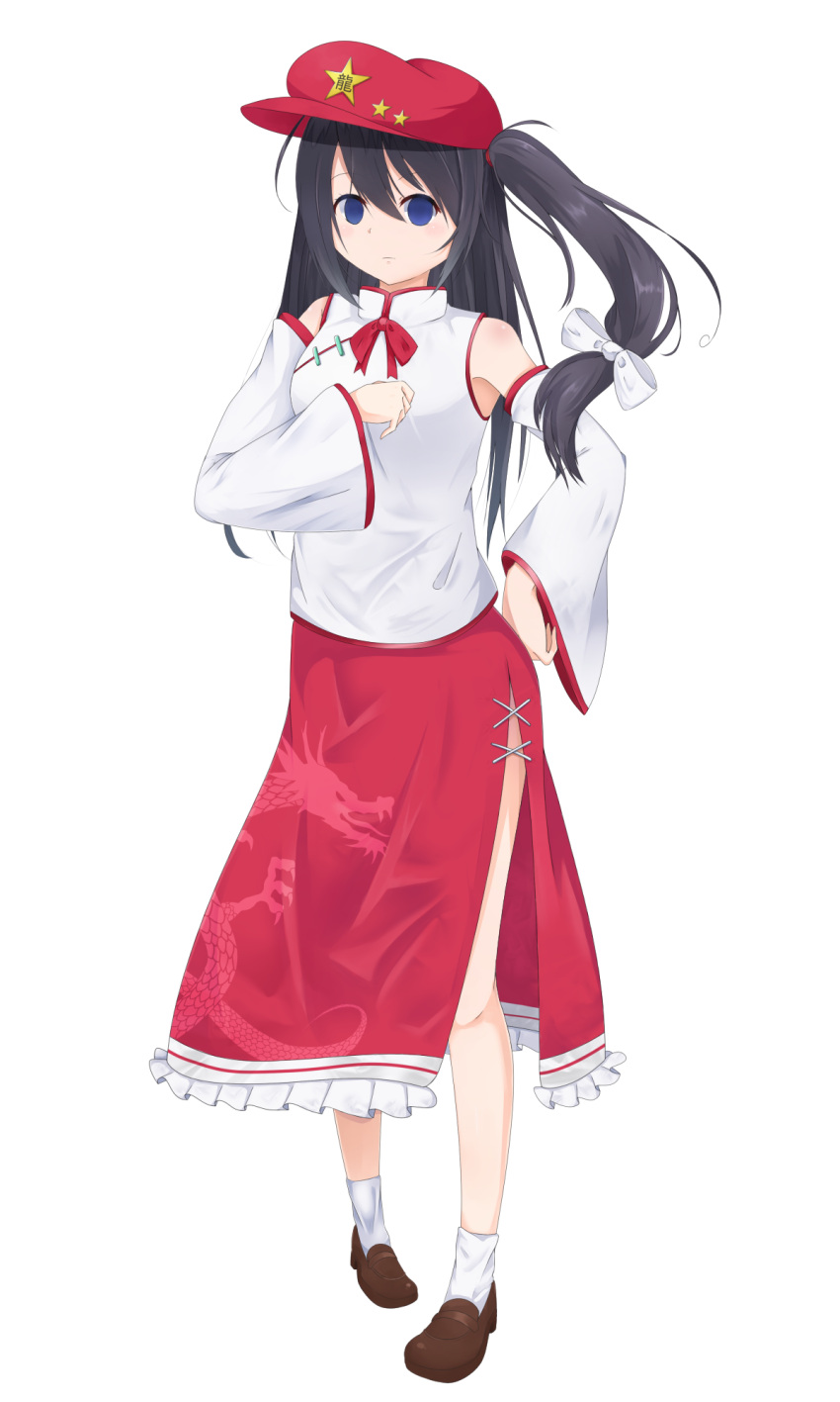 1girl, bare_shoulders, black_hair, blue_eyes, bow, brown_footwear, cabbie_hat, chinese_clothes