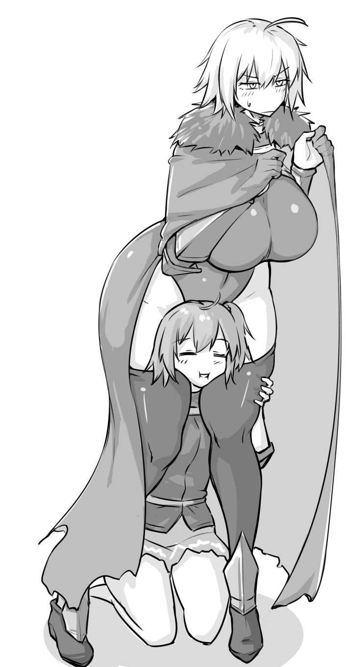 2girls, ahoge, bangs, between_thighs, breasts, bridal_gauntlets, cape, closed_eyes