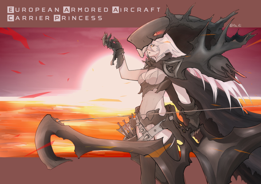1girl, abyssal_ship, arrow_(projectile), black_cape, bow_(weapon), breasts, cape, character_name