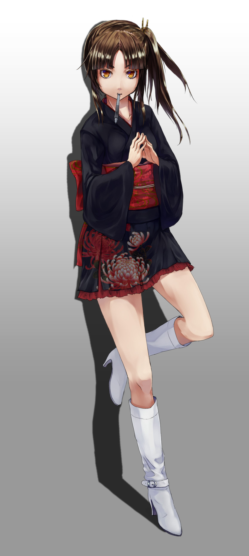 brown_hair, gothic, highres, japanese_clothes, kimono, kimono_skirt, legs, lolita_fashion