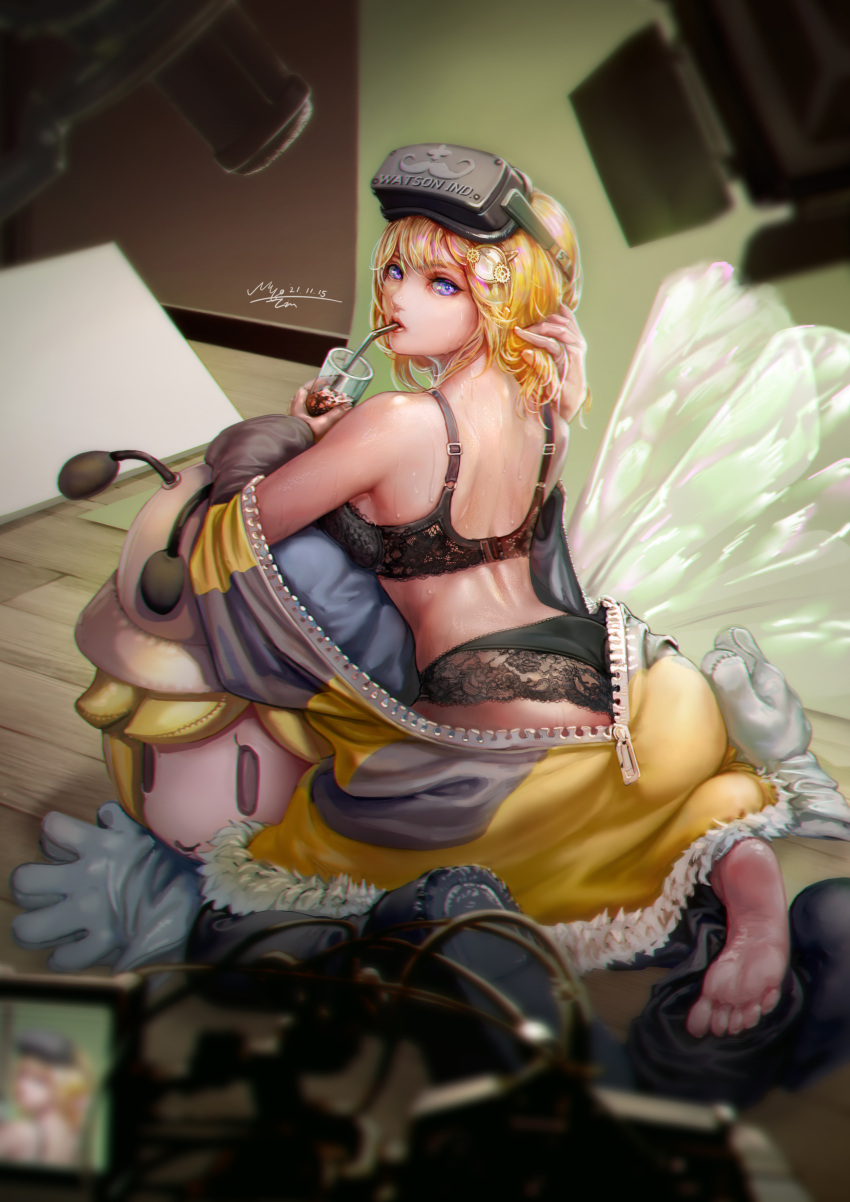 1girl, absurdres, animal_costume, arm_behind_head, artist_name, ass, barefoot, bee
