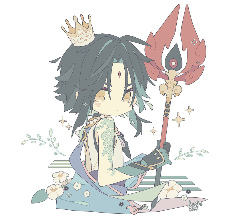 1boy, ahoge, arm_tattoo, asymmetrical_gloves, bangs, bead_necklace, beads, black_gloves, black_hair, chibi, commentary_request, crown, facial_mark, flower, forehead_mark, from_side, genshin_impact, gloves, green_gloves, green_hair, highres, holding, holding_polearm, holding_weapon, jewelry, looking_at_viewer, mini_crown, mismatched_gloves, necklace, parted_bangs, pastel_colors, polearm, rororoyu, shirt, short_hair, sleeveless, sleeveless_shirt, solo, sparkle, staff_of_homa_(genshin_impact), tattoo, upper_body, weapon, white_flower, white_shirt, xiao_(genshin_impact), yellow_eyes