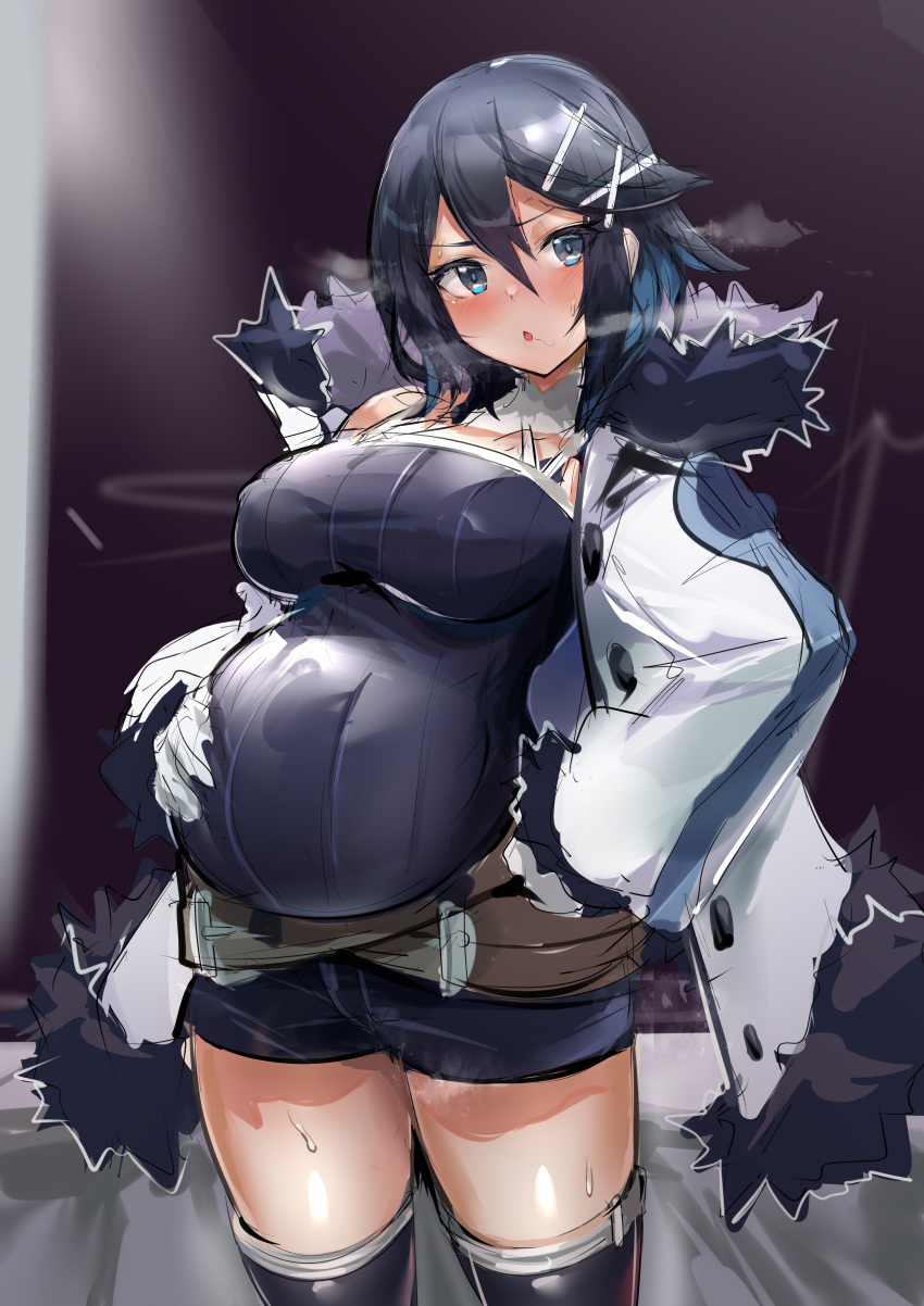 1girl, absurdres, asagiri_asagi, bangs, belt, big_belly, black_hair, black_legwear