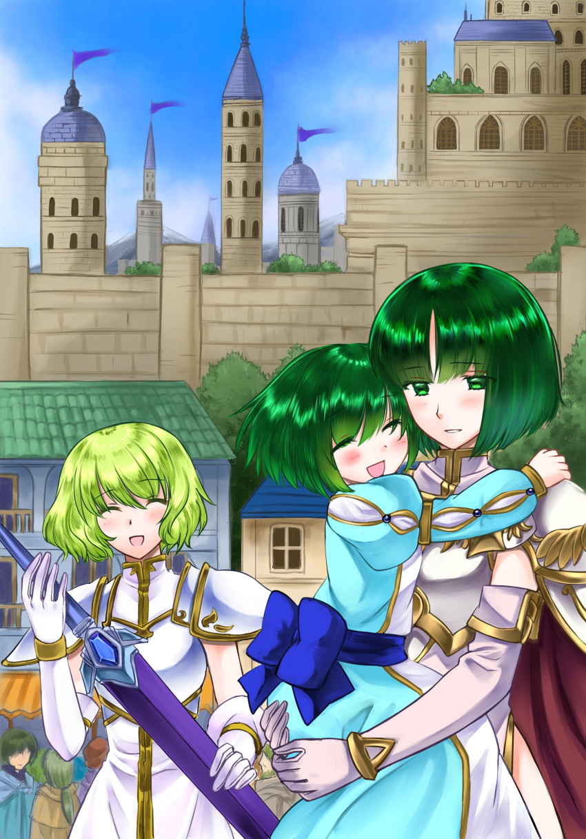1boy, 5girls, 74, :d, armor, blue_bow, blue_dress, blurry