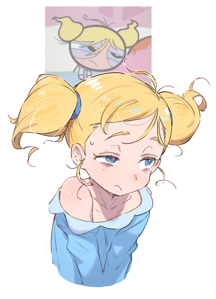 1girl, bare_shoulders, blonde_hair, blue_eyes, blue_pajamas, bubbles_(ppg), buttercup_redraw_challenge, half-closed_eyes, long_sleeves, off_shoulder, pajamas, powerpuff_girls, reference_inset, shadow, solo, sweatdrop, tired, toku_(ke7416613), twintails, upper_body