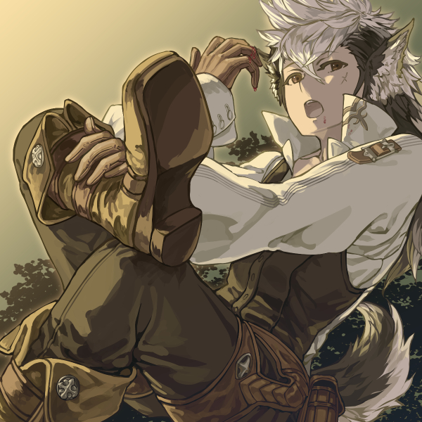 1boy, animal_ear_fluff, animal_ears, arm_up, badge, bag, black_hair, black_jacket