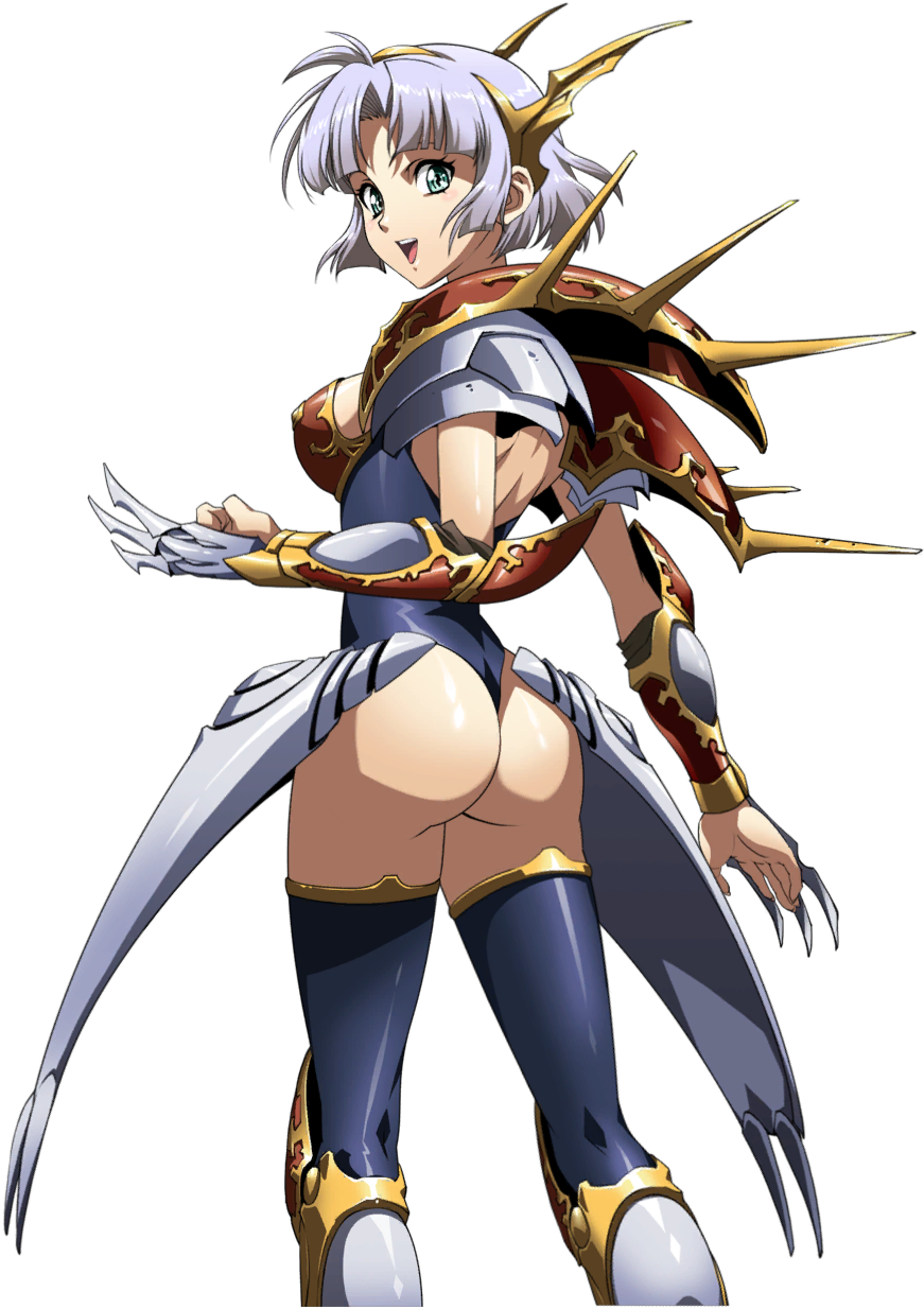 1girl, :d, armor, ass, black_legwear, black_leotard, blue_eyes, breasts