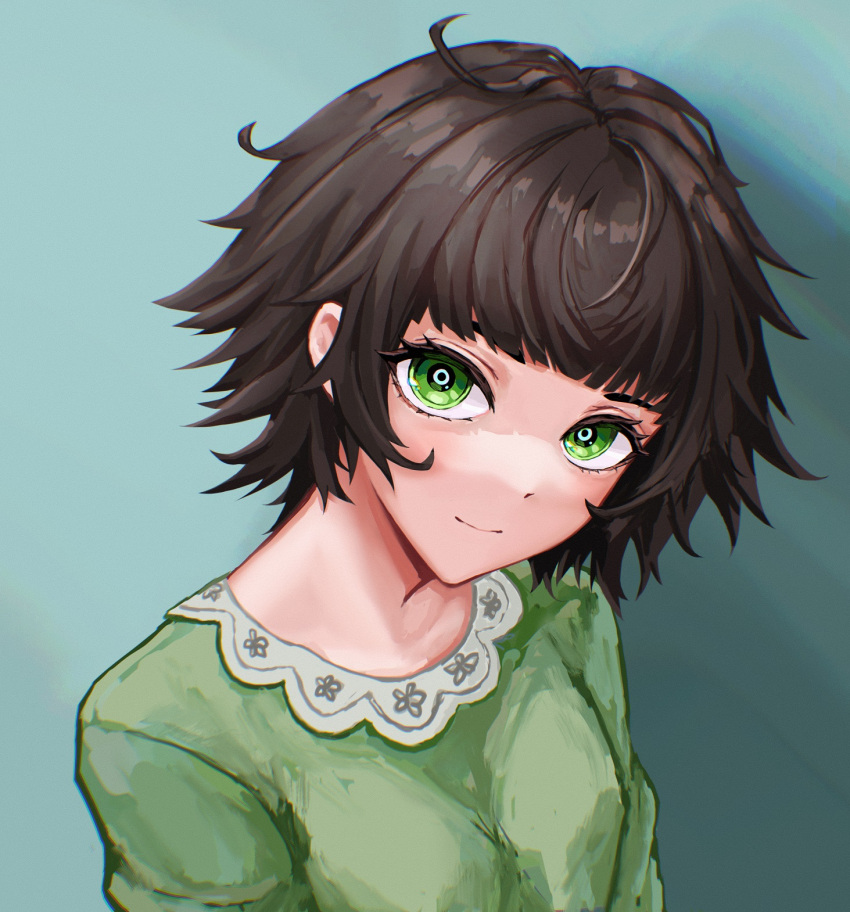1girl, aqua_background, bangs, black_hair, blunt_bangs, breasts, buttercup_(ppg), buttercup_redraw_challenge, derivative_work, green_eyes, green_pajamas, highres, looking_at_viewer, messy_hair, pavo543, powerpuff_girls, screencap_redraw, shadow, smile, solo