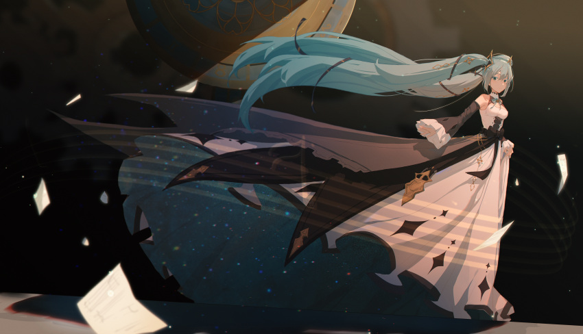 1girl, absurdres, aqua_eyes, aqua_hair, bangs, bell, black_bow, black_ribbon