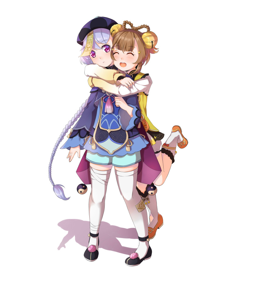 2girls, :d, ^_^, ^o^, absurdres, aqua_shorts, bandaged_leg, bandages