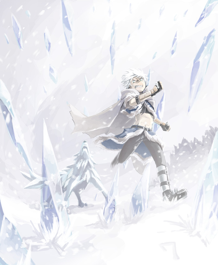 1boy, abs, armored_boots, bangs, black_gloves, black_shirt, blue_cape, blue_jacket