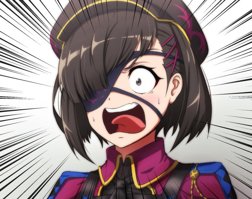 1other, bangs, black_hair, black_headwear, blush, constricted_pupils, dress, emphasis_lines