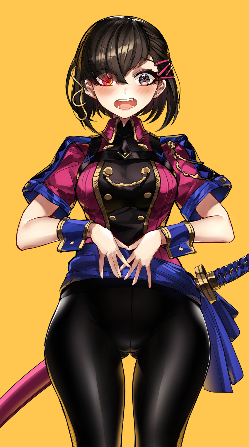 1other, bangs, black_hair, black_legwear, blush, breasts, casul, dress
