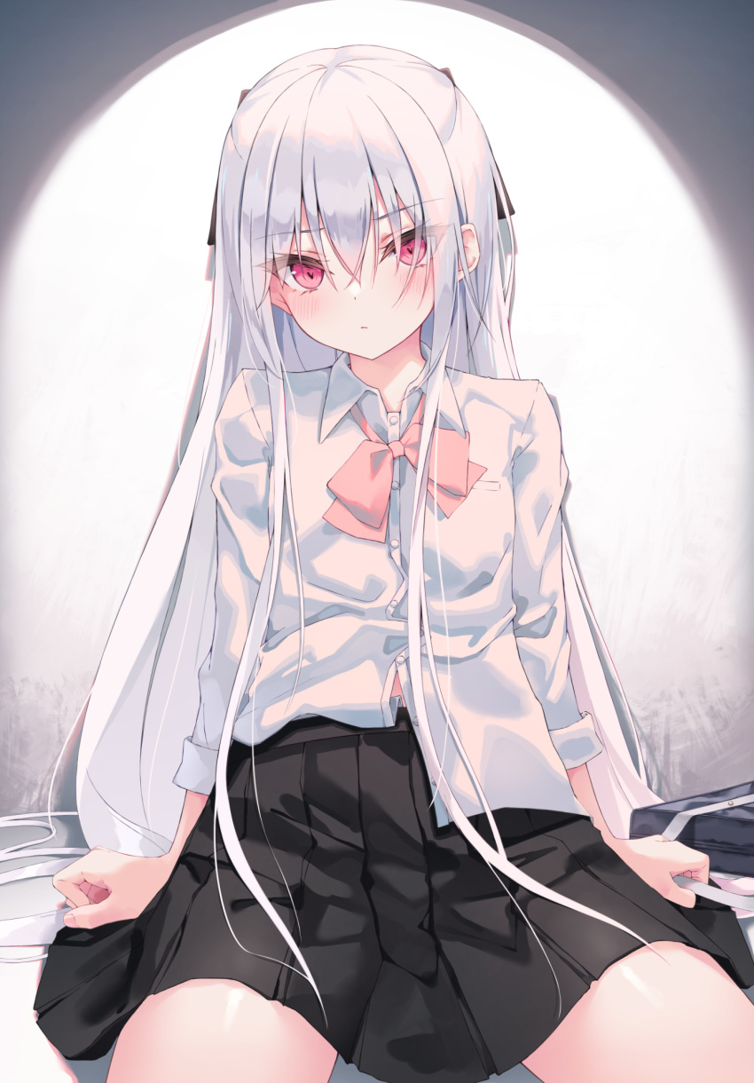 1girl, against_wall, arms_at_sides, bag, black_skirt, bow, bowtie, closed_mouth