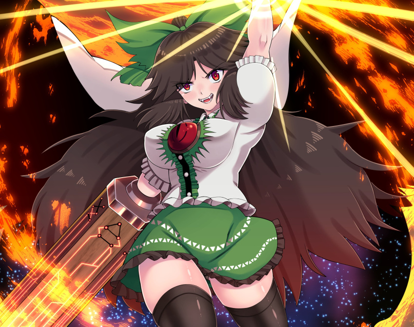 1girl, absurdres, arm_cannon, arm_up, ass_visible_through_thighs, aura, bangs, bird_wings