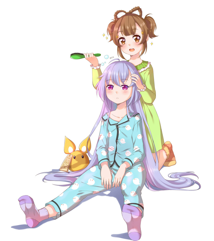 2girls, :d, absurdres, adjusting_hair, alternate_costume, alternate_hairstyle, bangs, braid, brown_eyes, brown_hair, candy_rimo, collarbone, comb, commentary_request, eyebrows_visible_through_hair, full_body, genshin_impact, hair_between_eyes, hair_down, hair_ornament, highres, holding, holding_comb, jiangshi, kneeling, long_hair, long_sleeves, looking_at_viewer, multiple_girls, ofuda, pajamas, purple_hair, qiqi_(genshin_impact), sidelocks, simple_background, sitting, sleepy, smile, socks, sparkle, spread_legs, twin_braids, twintails, violet_eyes, white_background, yaoyao_(genshin_impact), zzz